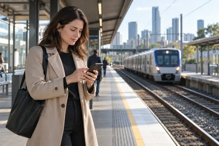 An adult prospective commuter checking a route on a phone at a quiet urban railway platform in morning daylight, safely behind the platform line.