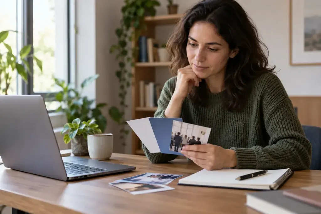 An adult reviewing event cards beside a laptop and notebook.