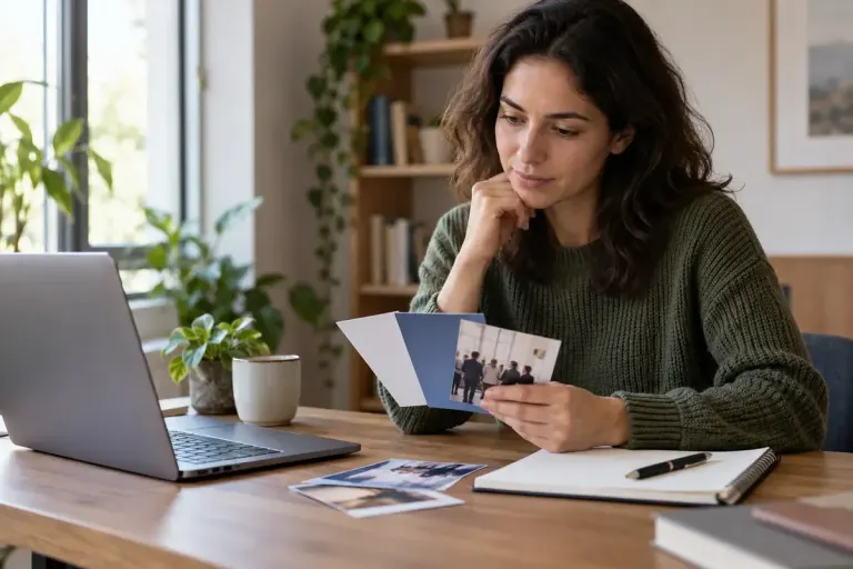 An adult reviewing event cards beside a laptop and notebook.