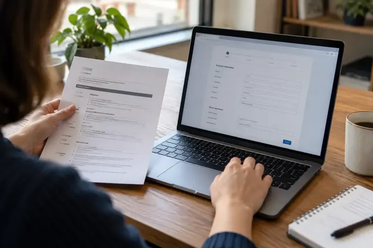 A laptop showing a generic job application form beside a printed resume with unreadable text.
