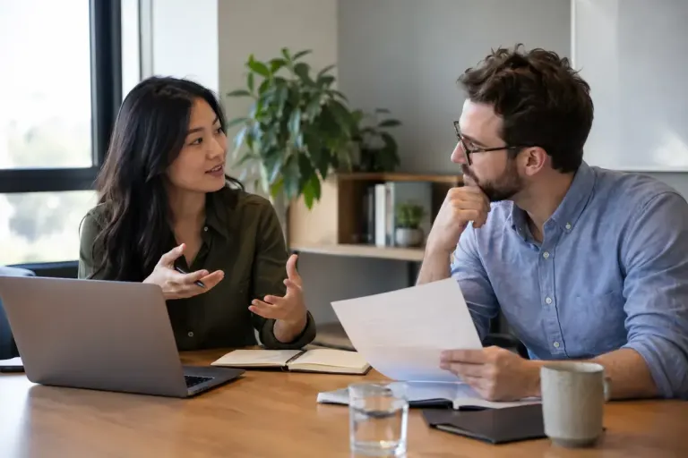 Two colleagues discussing the responsibilities of an internal role.