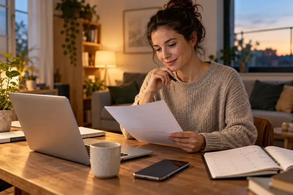 An adult applicant checking a written job offer and calendar at home, ordinary desk and natural evening light.