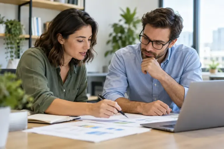 Two colleagues reviewing a work plan at office desk.