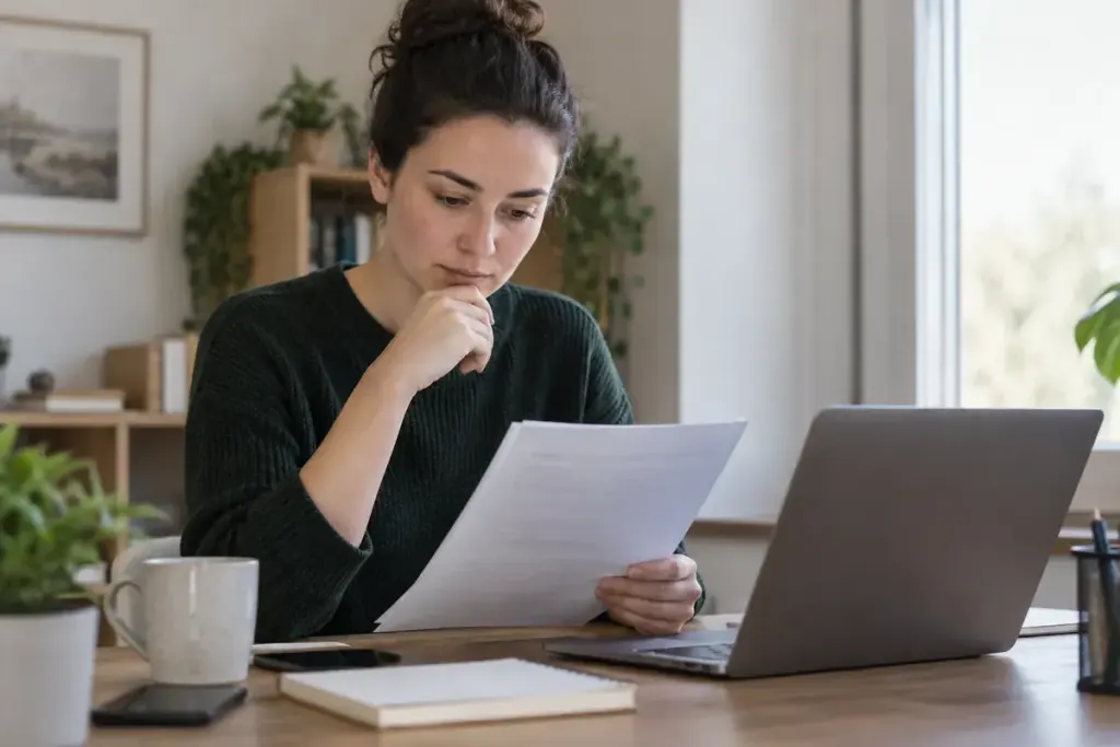 A job candidate reviewing a short interview task brief at a desk.
