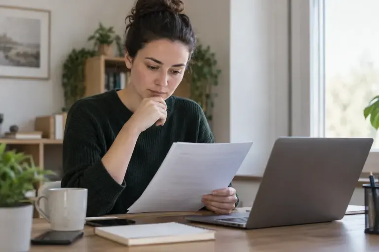A job candidate reviewing a short interview task brief at a desk.