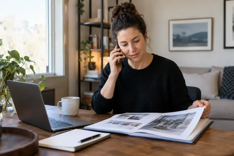 An adult reviewing a concise work portfolio while speaking on the phone at home.