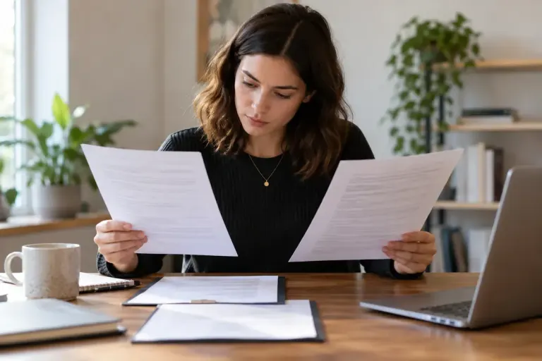 A candidate comparing job paperwork at a tidy desk.