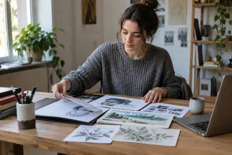A learner arranging a small portfolio of sketches and work samples at a desk.