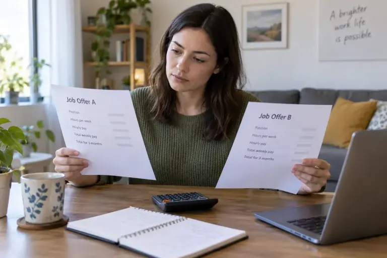 A job seeker comparing two offer documents and a calculator at home.