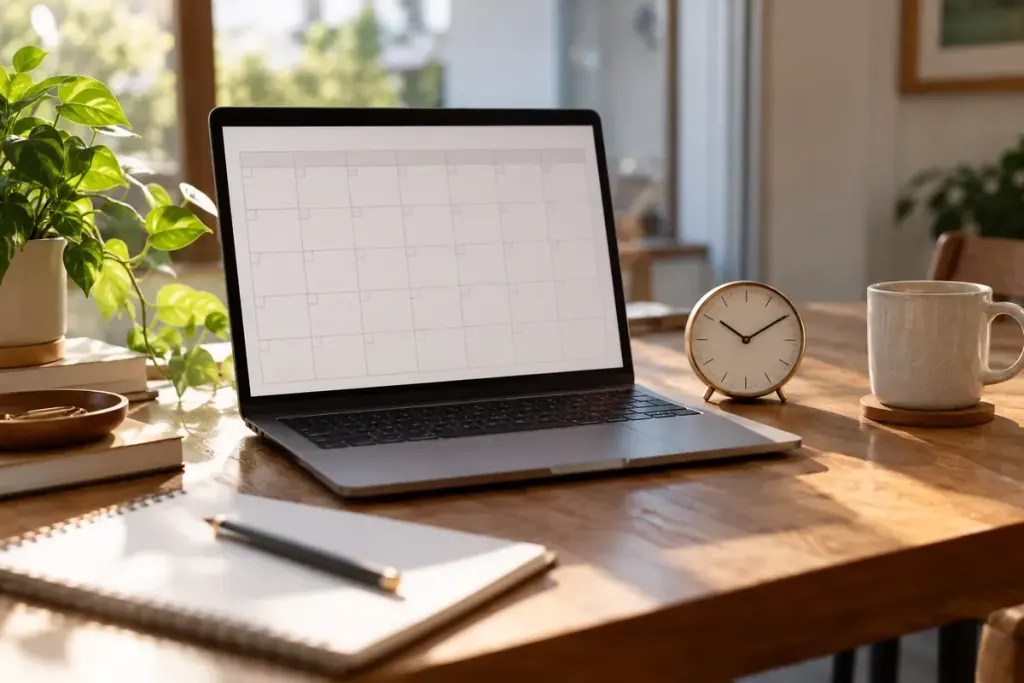 Laptop with a blank calendar grid and a small analogue clock on a desk.