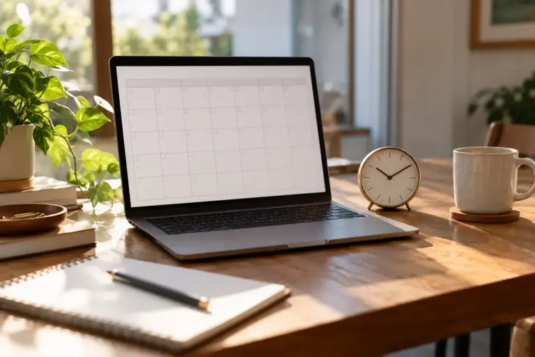 Laptop with a blank calendar grid and a small analogue clock on a desk.