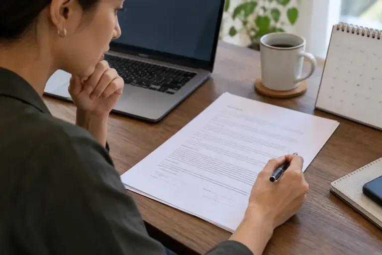 A professional reviewing an unsigned work agreement with a laptop and a calendar.