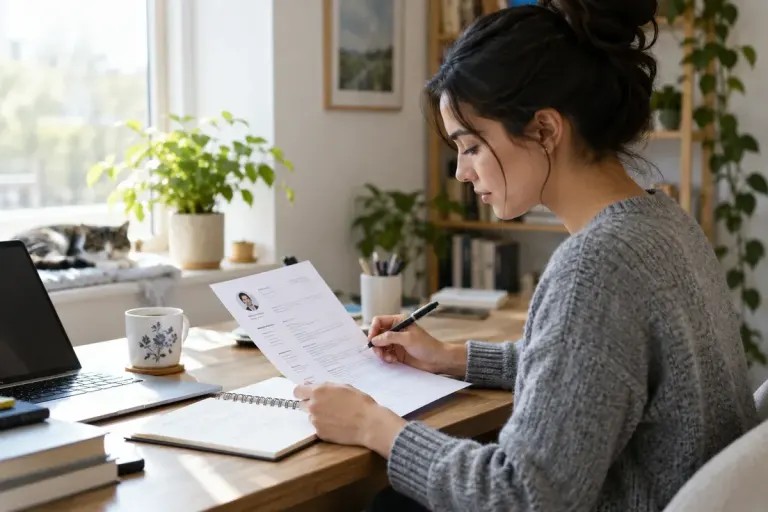 A person editing a printed resume with a notebook on a bright home office desk.