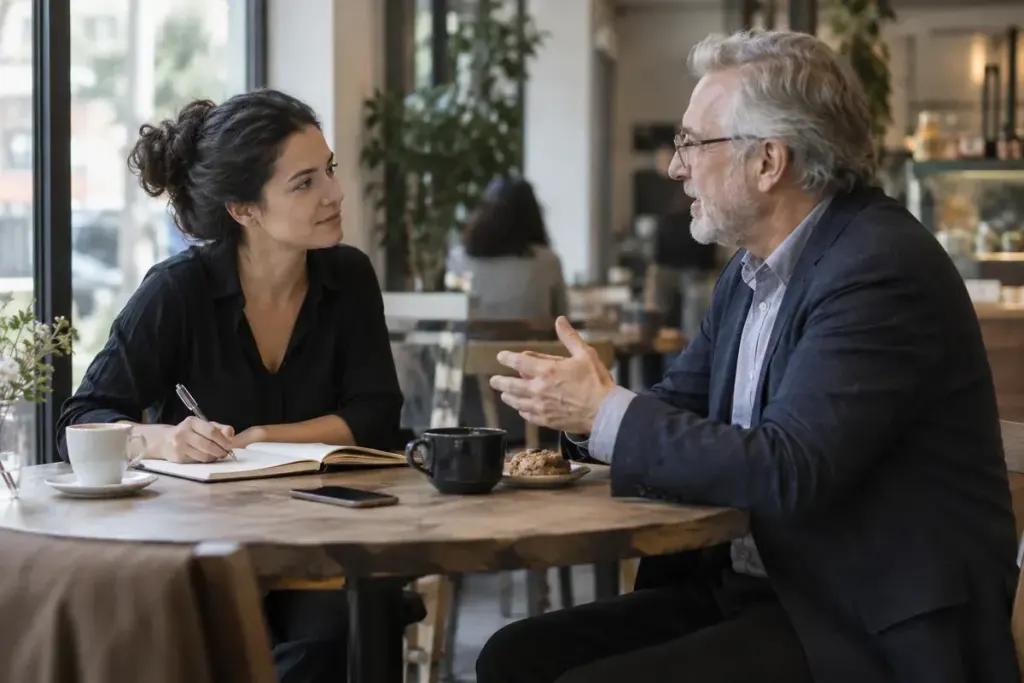 Two adults discussing work over coffee while one takes notes in a notebook.