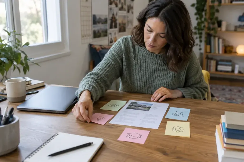Job seeker grouping sticky notes around a printed vacancy at a desk, laptop closed, no legible personal data.