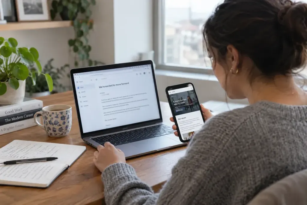 Job seeker checking a recruitment email on a laptop while looking up a company independently on a phone.