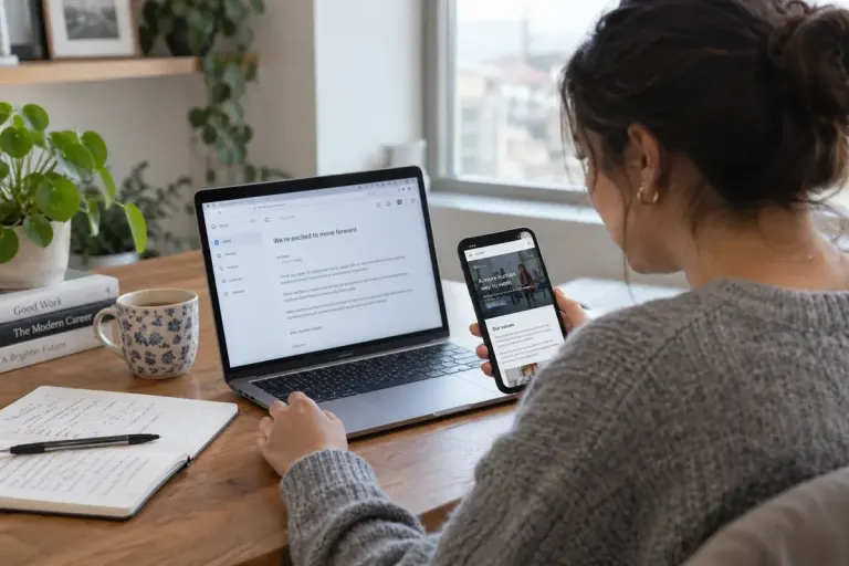 Job seeker checking a recruitment email on a laptop while looking up a company independently on a phone.