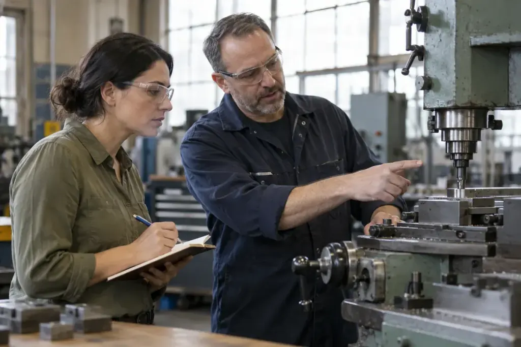 An adult career changer observing a workplace demonstration while taking notes with a host nearby.