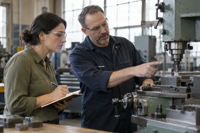 An adult career changer observing a workplace demonstration while taking notes with a host nearby.