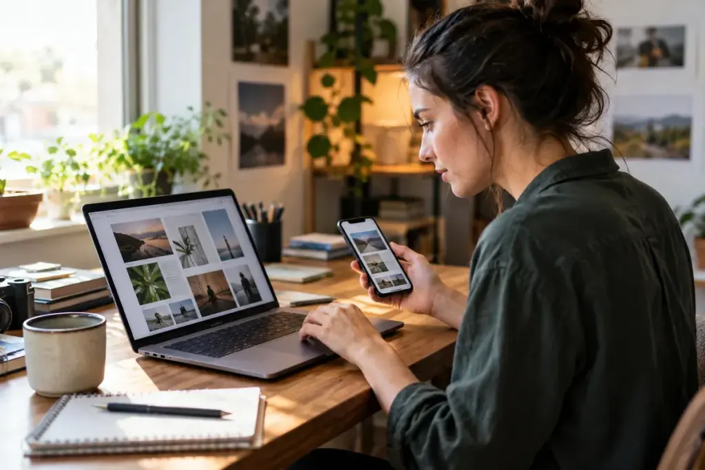 Job applicant checking portfolio on a laptop and phone.