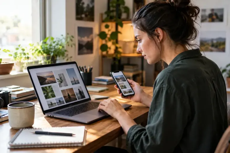 Job applicant checking portfolio on a laptop and phone.