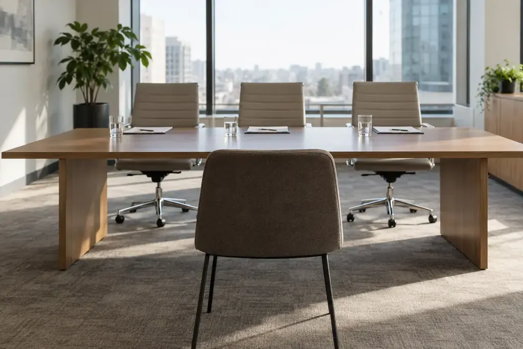 Three empty interviewer chairs opposite a single chair in a meeting room.