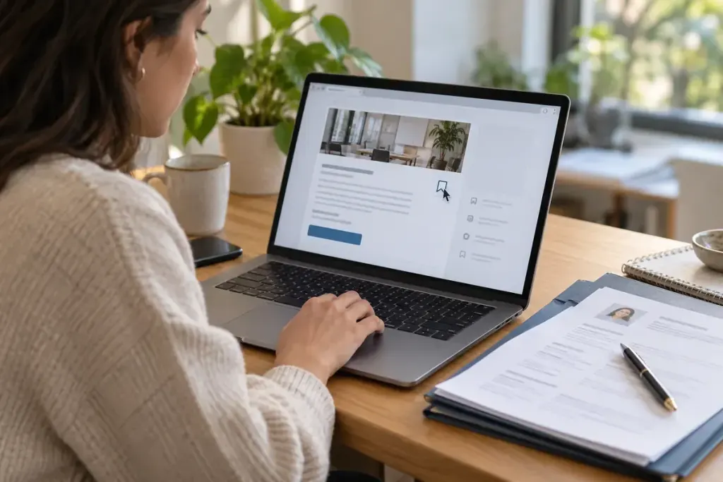 A job applicant organising a saved vacancy page and application documents.