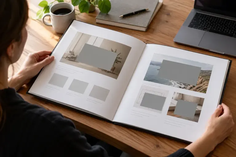 A portfolio mockup with blank sample pages and covered sensitive sections on a desk.