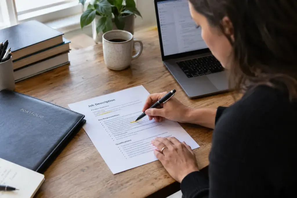An adult annotating a printed job description beside a concise portfolio folder.