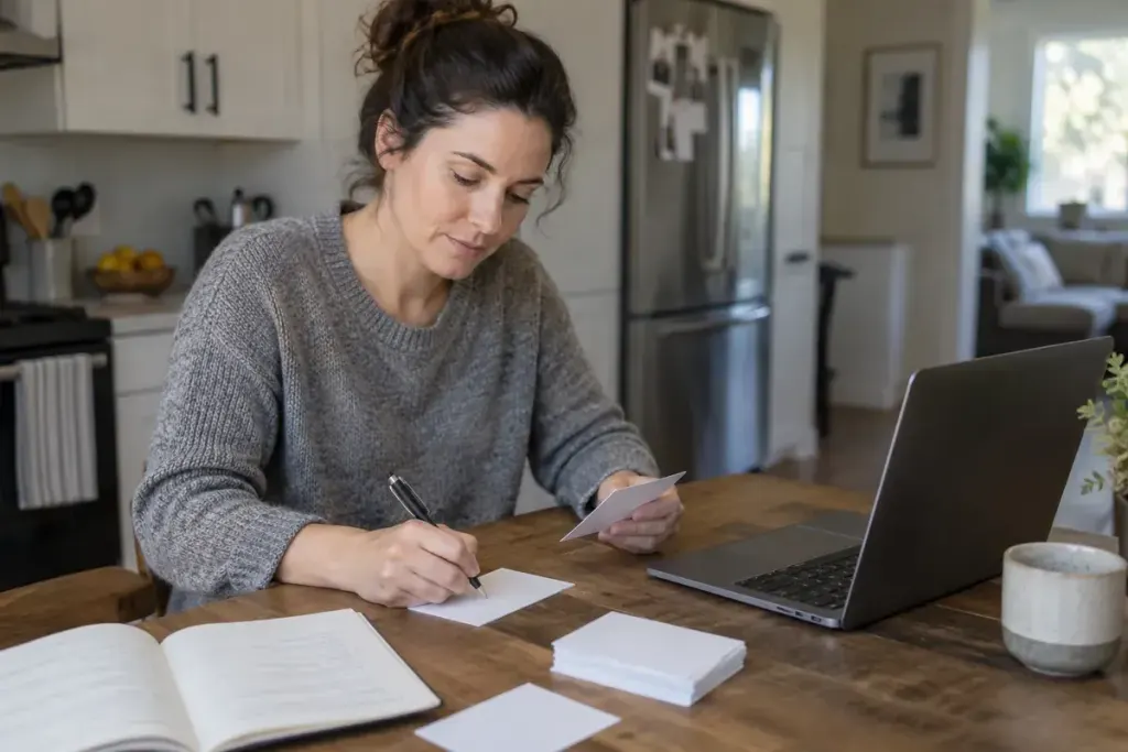 An adult reviewing index cards and career notes at a kitchen table beside a laptop.