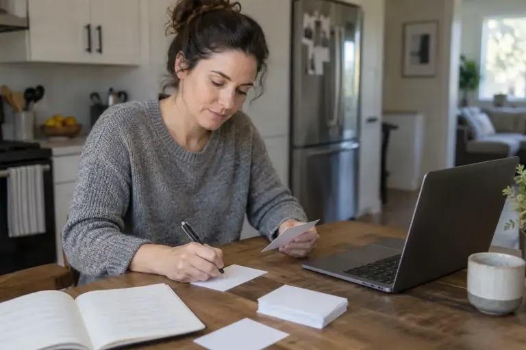An adult reviewing index cards and career notes at a kitchen table beside a laptop.