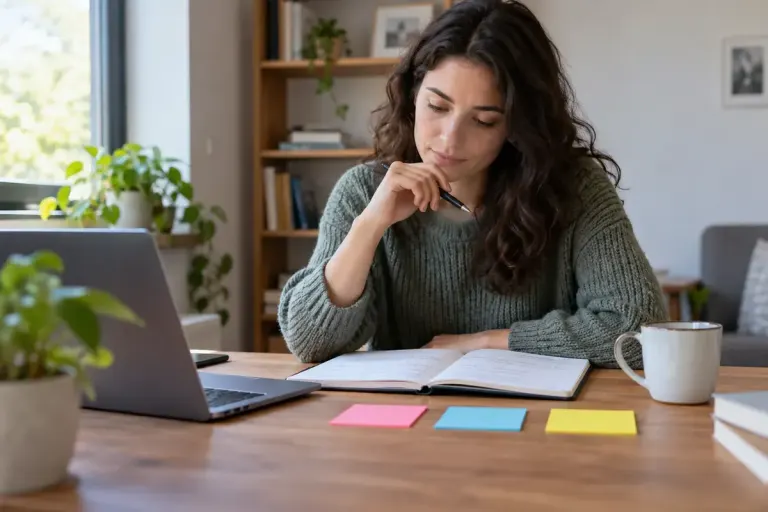 A job seeker reviewing interview notes at a tidy desk with three coloured note cards.